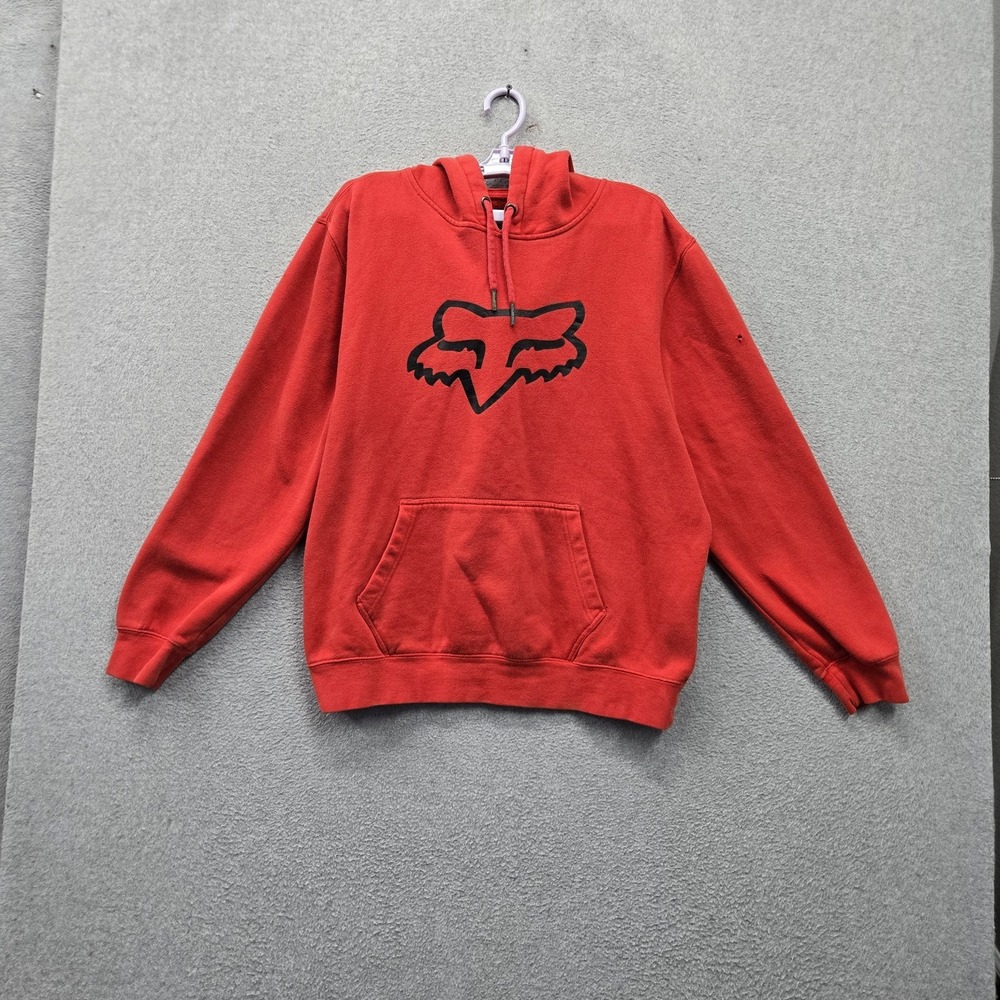 Fox Men Hoodie L Red Fleece Logo Graphic Print Drawstring Pullover READ